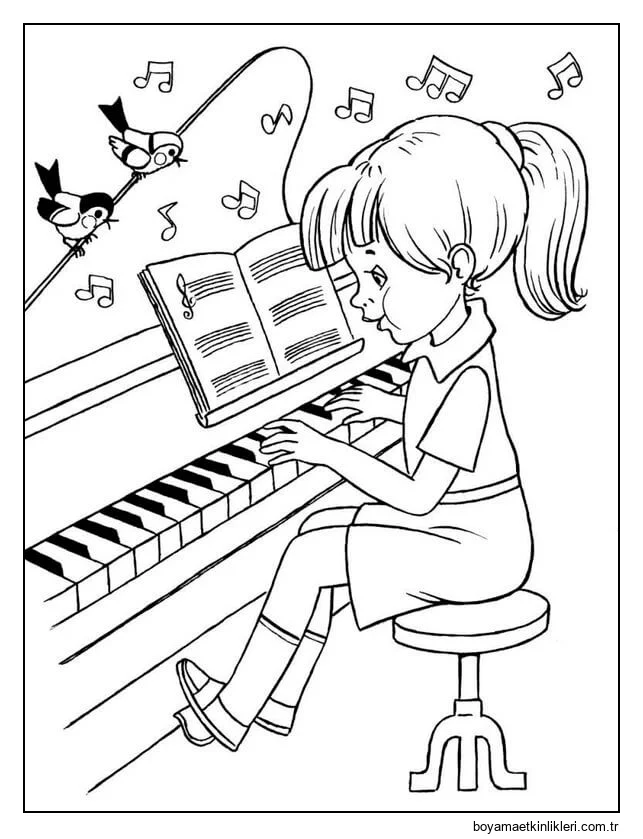 Piyano ve Iki kuş çalan Küçük Kız