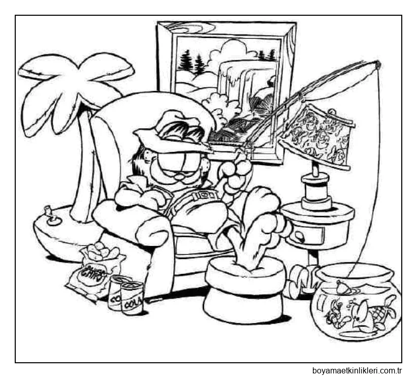 Garfield akvaryumda balık tutuyor.