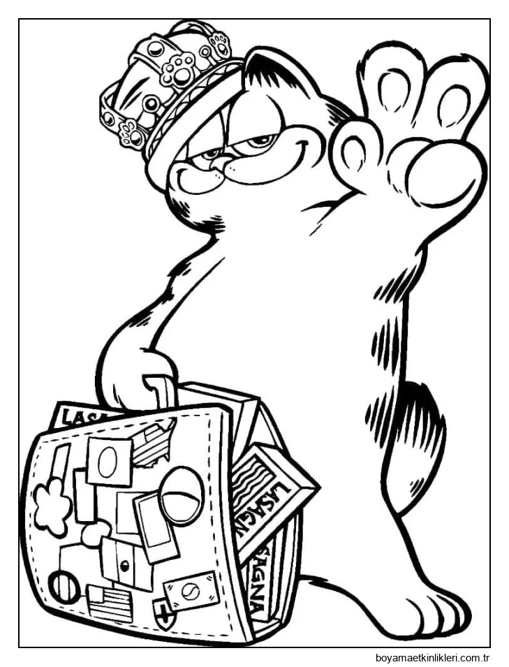 Garfield bir taç ve bavul giyiyor.