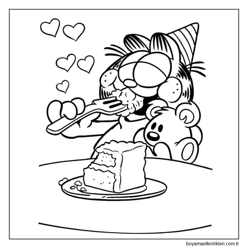 Garfield sevgiyle bir parça kek yiyor