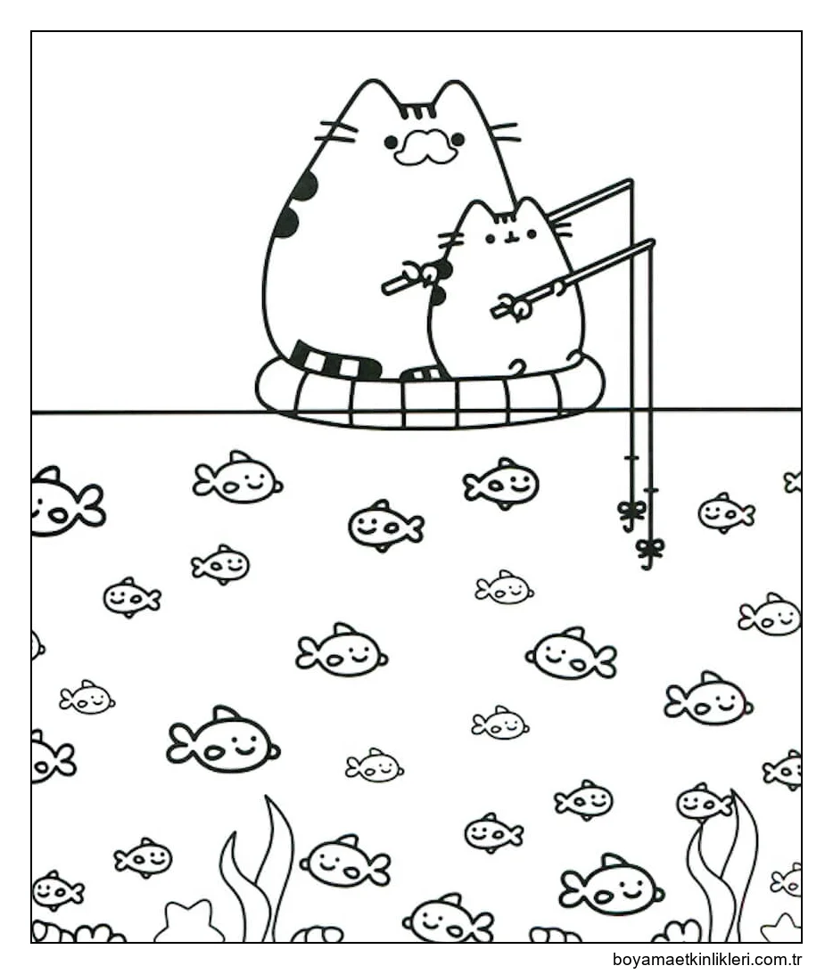 Baba ve Oğul Pusheen Kedi Kawaii Balık Tutmaya Gidiyor