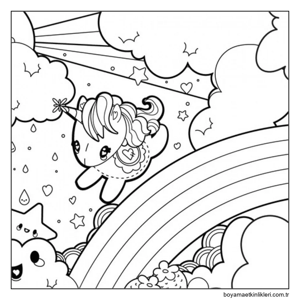 Kawaii Tek Boynuzlu At ve Gökkuşağı