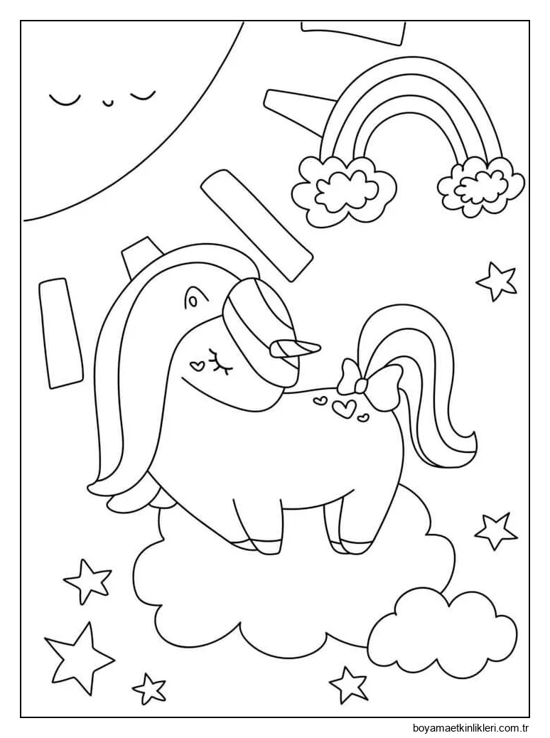 Kawaii Tek Boynuzlu Yıldız Gökkuşağı Bulutlarda Güneş
